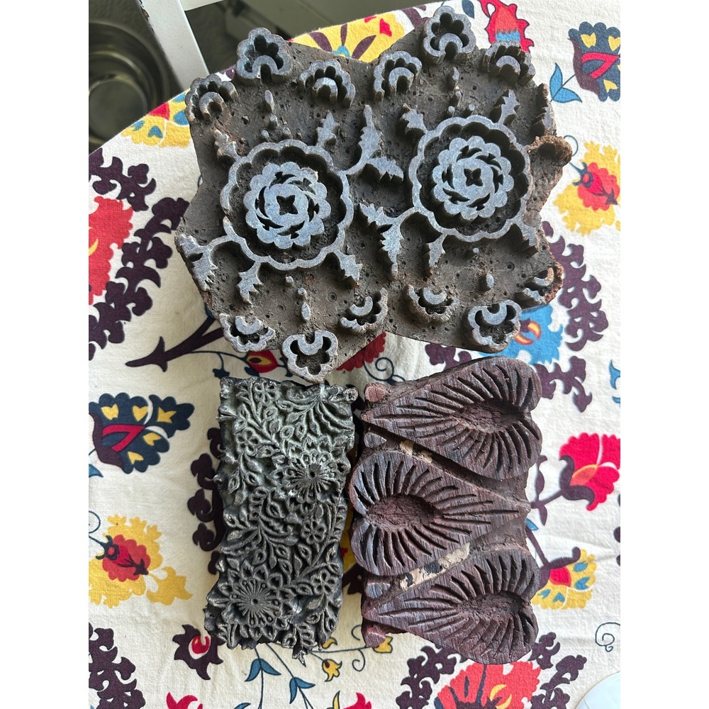 Vintage Hand Carved Wooden Textile Printing Blocks Set of 3 Floral Botanical‎